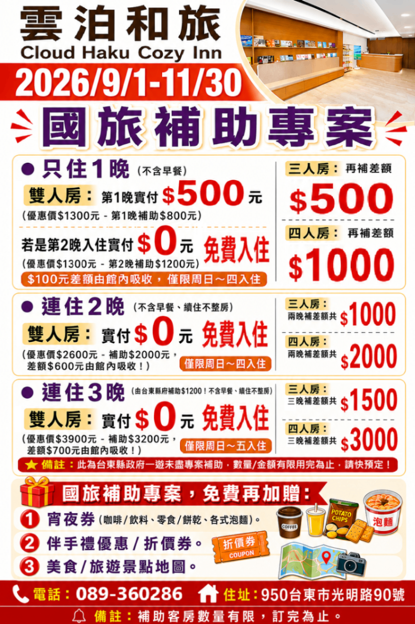 9/1國旅補助開始，免費連住2晚！